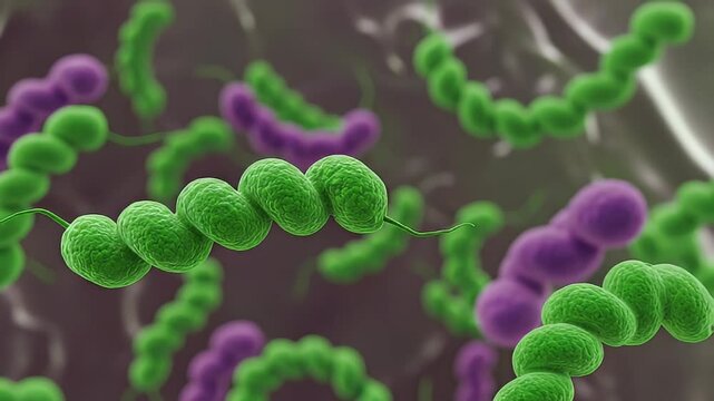 Green and Purple Bacteria Chains in Detailed Microscopic View for Scientific Medical or Biological Backgrounds and Research