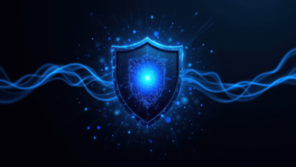 Fototapeta premium A digital illustration of a shield with a blue glow and a cybernetic aura, symbolizing internet security and defense against threats.