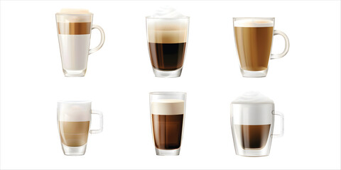 Realistic Vector Set of Coffee in Glass Mugs Transparent Background