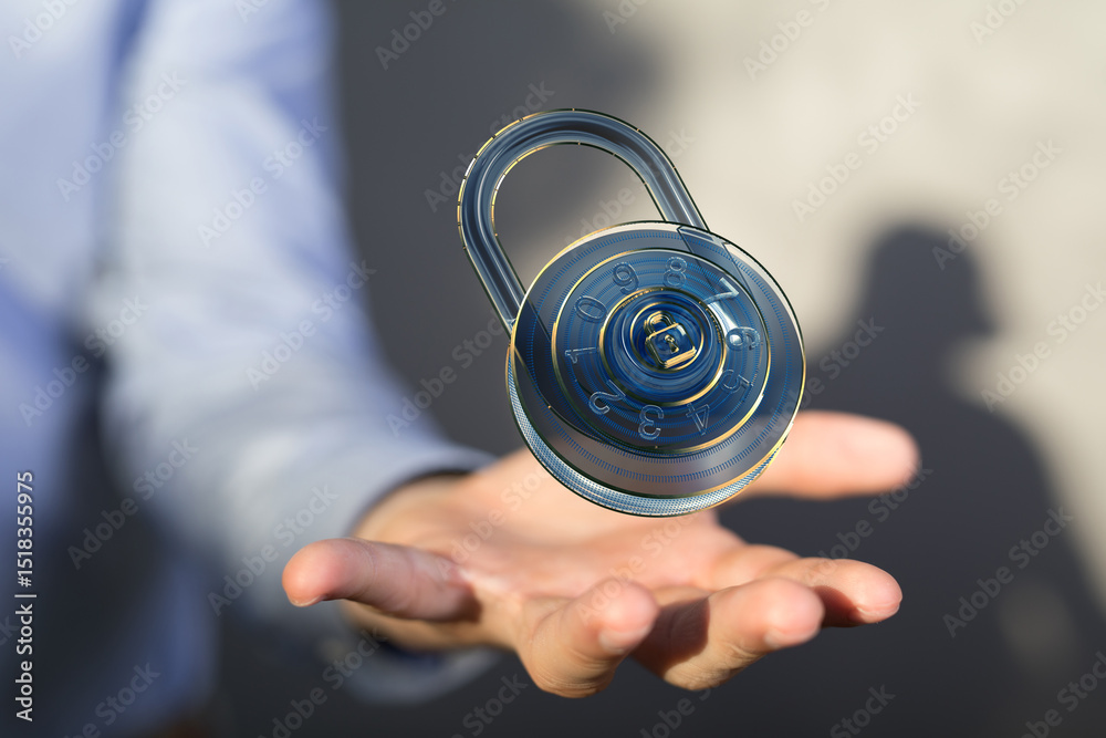 Poster Image of a digital combination lock hovering above a hand, symbolizing data security and protection.