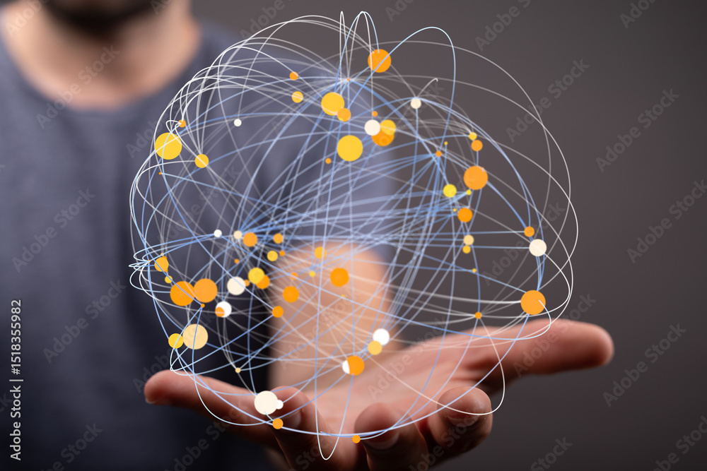 Poster Abstract image of a global network connection held in a person's hand, representing digital technology and connectivity.