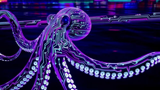 Vibrant Neon Octopus with Digital Circuitry Against City Neon Lights. A neon octopus with a circuit board pattern on its tentacles.