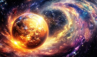Fiery planet engulfed by cosmic swirl, space background, science fiction