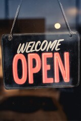 Welcome open sign hangs on a shop door inviting customers inside after business hours