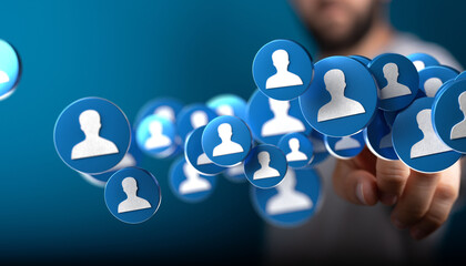 Image of many blue profile icons floating, representing networking, social media, and online communities.