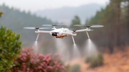 An agricultural drone actively sprays mist or liquid over vegetation in a forested setting, representing smart farming, forestry management, and modern spraying technology