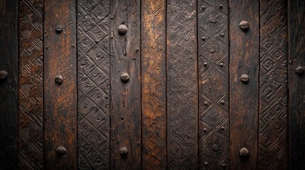 Fototapeta premium Aged wooden door panel with intricate carvings