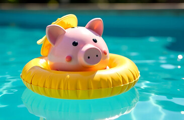 Close up of pink piggy bank with sunglasses and hat, sunny day sandy coast, summer vacation at sea beach or pool background. saving money concept