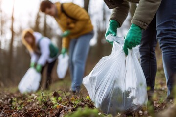 Community volunteers participate in environmental cleanup at local park during autumn afternoon