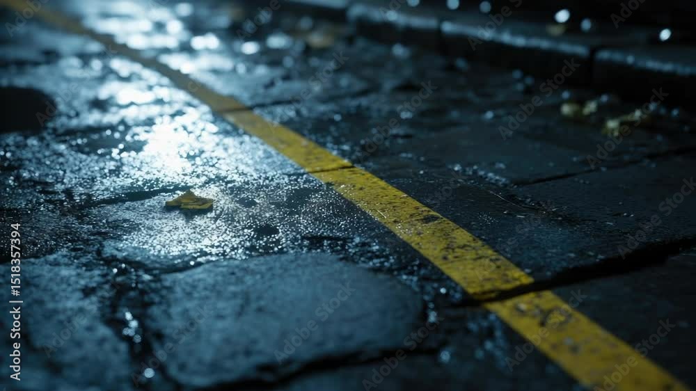 Aufkleber A close-up view of a wet sidewalk with a yellow line, suitable for use in images about urban infrastructure or traffic management