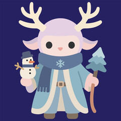 A cartoon character dressed in a blue robe and holding a snowman and a tree. The character is wearing a scarf and has antlers on its head