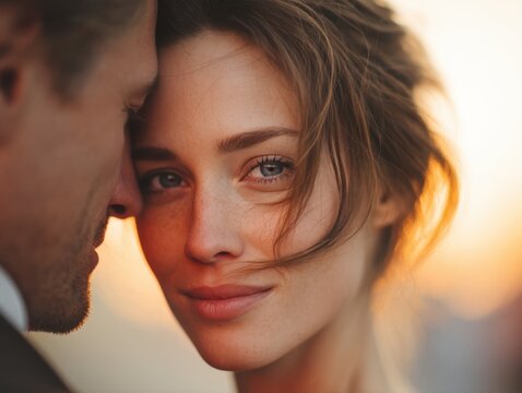 Warm sunset glow captures intimate moment between couple enjoying a romantic evening together