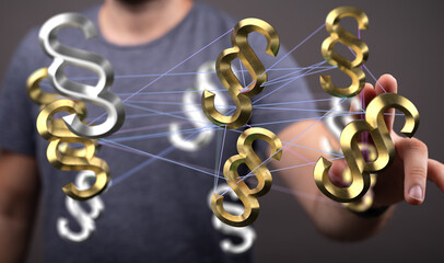 3D illustration of interconnected paragraph symbols, representing legal network and collaboration.