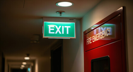 Hallway with an illuminated green exit sign hanging from the ceiling alongside a red fire emergency warning. The ambiance suggests an interior setting such as an office or hotel.