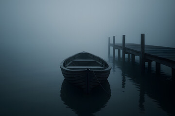 Misty lake scene with a solitary boat and dock enveloped in fog
