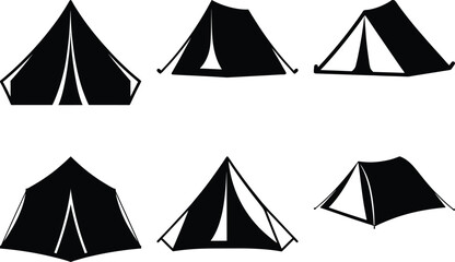 Various tents in vector format shown as black silhouettes against white backdrop