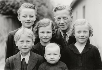 Obraz premium Six siblings with their father posing together in a vintage black and white portrait outdoors