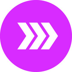 Minimalist vector illustration featuring three white arrows pointing right, symbolizing progress, direction, and forward movement within a vibrant purple circular backdrop