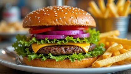 A tasty hamburger with fries, fast food.