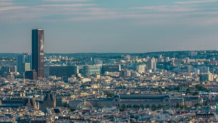 Panorama of Paris aerial timelapse, France. Top view from Montmartre viewpoint.