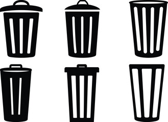 Collection of Black and White Trash Can Icons in Different Styles