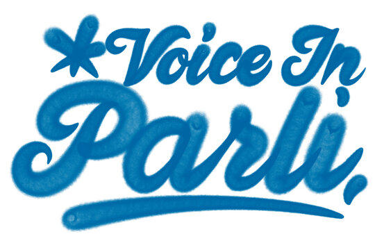Graffiti tag "Voice in Parli" in blue spray paint style on transparent background, marking International Day of Parliamentarism to highlight representation, and the power of public voice in parli