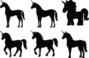 Unicorn Silhouette Vector Art with Various Poses and Horn Styles in Black