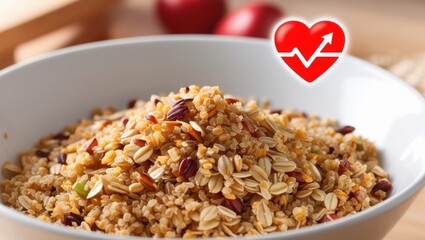 Close-up of fresh whole grains—oats, quinoa, barley—with heart and LDL icons symbolizing heart health. Warm lighting and a clean kitchen background evoke vitality and wellness.