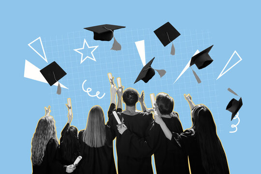 Creative artwork sketch image 3D collage of study diploma graduation student knowledge success silhouette man lady stand back pull up hat