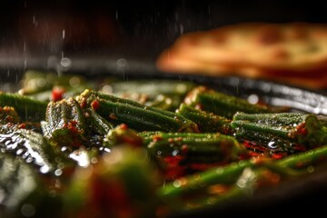 Sizzling okra dish with spices and warm bread served on a black platter in a cozy dining environment
