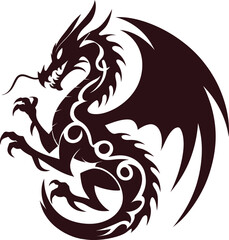 A dramatic illustration of a dragon featuring intricate details and a powerful stance. The design highlights the mythical creature's strength and majesty.