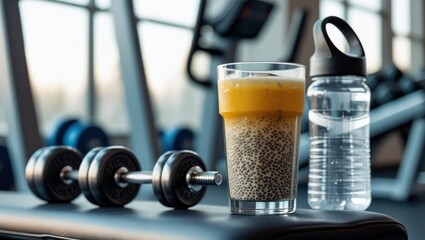 Close-up of a chia-infused energy drink on a gym bench beside a water bottle. Blurred fitness gear in the background symbolizes pre-workout focus and energy.