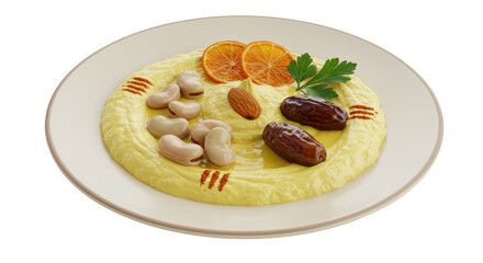 Isolated Hummus Plate with Dates and Oranges
