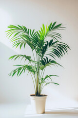 Fototapeta premium Potted palm tree in white pot on white background