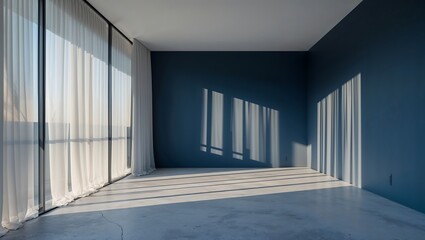 Obraz premium Minimalist blue room with natural sunlight and white curtains abstract scene