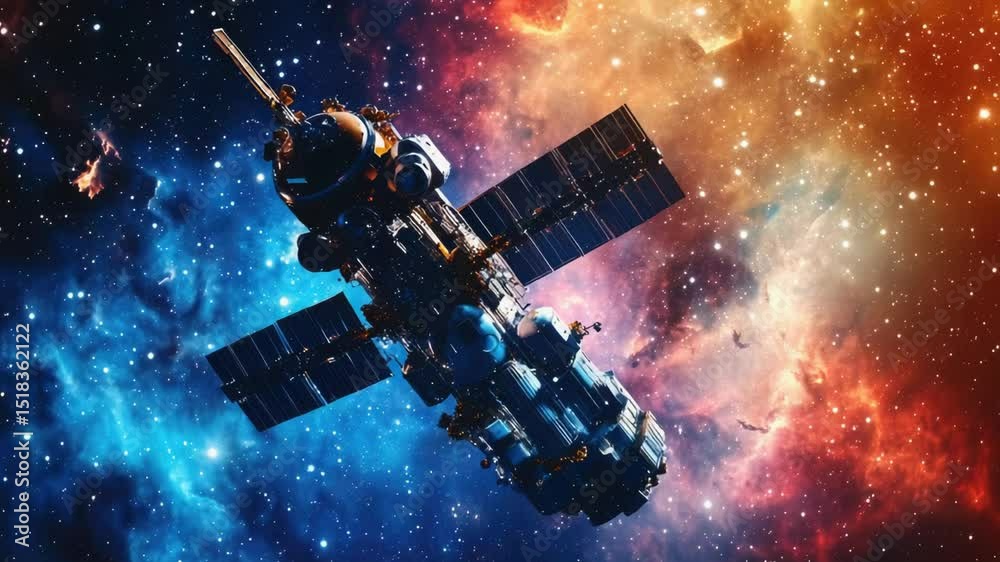 Poster a futuristic space station floating in the vastness of a galaxy, suitable for sci-fi or technologica
