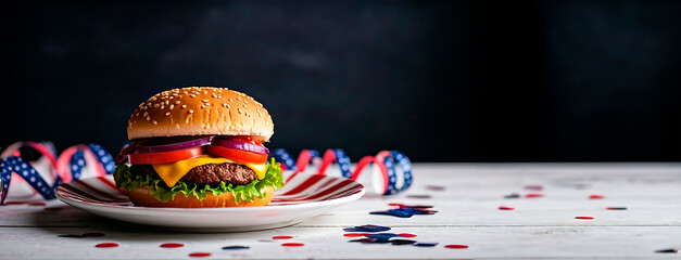 Appetizing hamburger for the 4th of July. Independence Day celebration in the USA