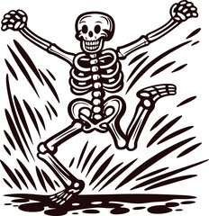 Joyful human skeleton leaping with excitement illustrated in bold black lines on white background