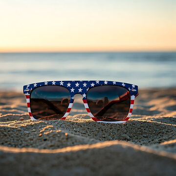 Sunglasses with the US flag print on the beach .4th of July celebration.Independence Day