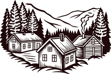 Fototapeta premium Traditional rural mountain village landscape with wooden cabins, pine trees, and snow capped peaks in vintage engraving
