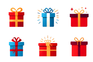 Six vibrant gift boxes in various colors and designs against a black background representing holiday presents or special occasion surprises.