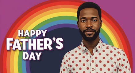 Man with rainbow backdrop for happy father's day message