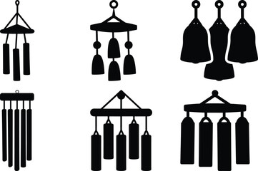 Six unique wind chimes with varying shapes and textures in black silhouette