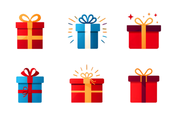 Six vibrant gift boxes in various colors and designs against a black background representing holiday presents or special occasion surprises.