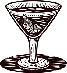 Hand drawn cocktail glass with lemon slice vintage sketch illustration of a classic drink in engraved