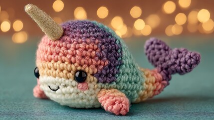 Obraz premium Crochet Narwhal Toy with Rainbow, Cute, and Festive.