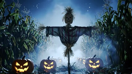Scarecrow and glowing pumpkins in foggy corn maze under starry sky. Halloween concept.
 - Powered by Adobe