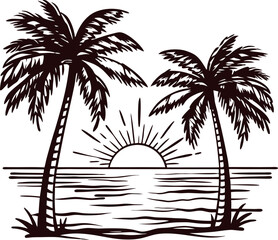 Obraz premium Scenic sunset with palm trees over ocean horizon