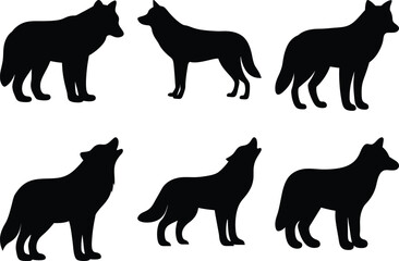 Silhouetted wolves howling in a black and white graphical vector display