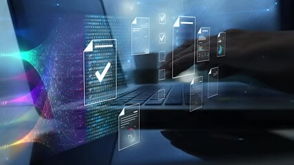 Document management concept, Businesswomen check electronic documents on digital documents on virtual screen Document Management System and process automation to efficiently document paperless operate - Powered by Adobe